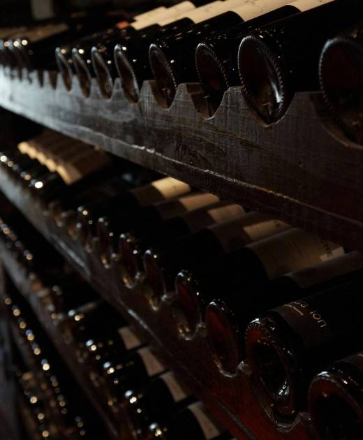 Bouteilles de vin exposées dans une cave – sélection Coup de Foudre en condition de vieillissement idéale